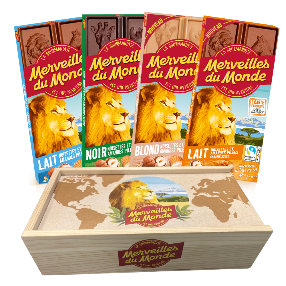 Coffret Pack collectionneur de cartes animaux avec tablettes de chocolat Merveilles du Monde